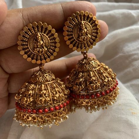 JEWELLERY – Happy Pique Jumkas Antiques, Antique Earrings Gold, Temple Jewellery Jhumkas, Golden Jhumka, Jhumkas Gold, Silver Jhumka Earrings, Beautiful Gold Earrings, Festival Jewellery, Temple Jewellery Earrings