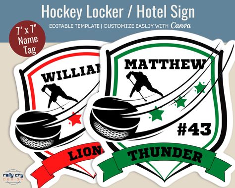 Hockey Team Door Signs Hotels, Hockey Team Hotel Door Signs, Locker Name Tags, Hockey Crafts, Hockey Tournament, Locker Signs, Hockey Tournaments, Spirit Signs, Tournament Games