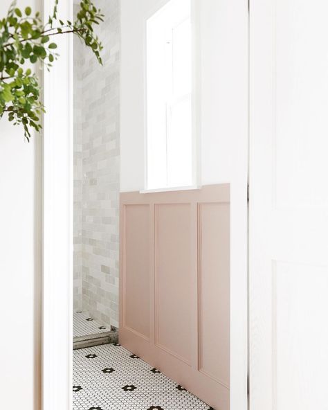 We're sharing our (PINK!💕) board and batten tutorial today on the blog! We used 3/4" thick boards and decorative trim molding for the… Pink Board And Batten Wall With Wallpaper, Pink Wainscoting Bathroom, Pink Board And Batten, Board And Batten Wall Ideas, Batten Wall Ideas, Diy Bathroom Remodel Ideas, Pink Accent Wall, Diy Board And Batten Wall, Ivy Room