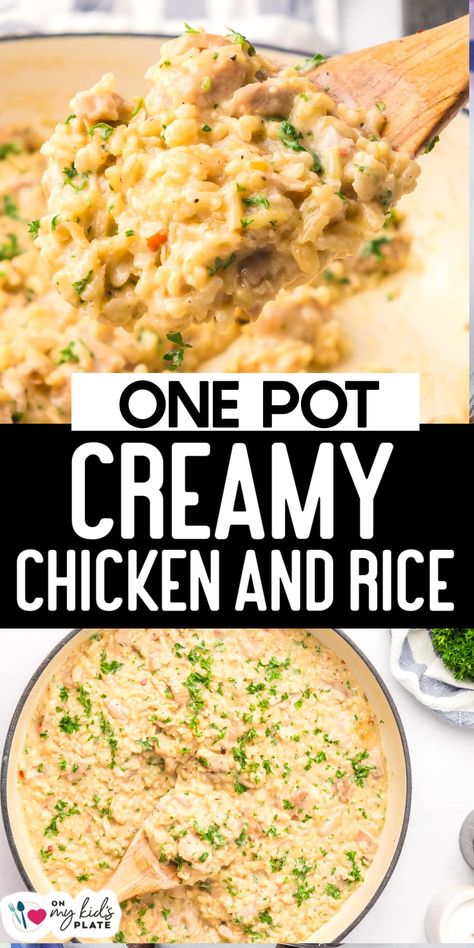 Creamy Garlic Chicken Rice, Alfredo Chicken And Rice, On My Kids Plate Recipes, Creamy Garlic Chicken And Rice, Creamy Sauce For Chicken And Rice, Creamy Chicken Recipes Oven, Creamy Chicken One Pot Meals, Creamy Rice Dishes, Chicken And Rice Protein Meals