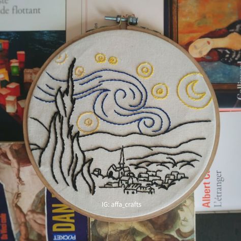 Embroidery starry night ✨Van Gogh Starry Nights Embroidery, The Starry Night Embroidery, Embroidered Starry Night, Starry Night Van Gogh Embroidery, Van Gogh Embroidery Simple, Starry Night Embroidery Pattern, Van Gogh Embroidery Patterns, Starry Night Gift Ideas, Bookmark Ideas Diy