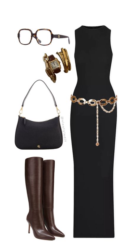 maxi dress, long black dress outfit, knee high boots outfit, gold waist chain outfit, gucci glasses, fall outfit, classy outfit, New York outfit inspo Waist Chain Outfit, Long Black Dress Outfit, Outfit Knee High Boots, Black Maxi Dress Outfit, Gold Waist Chain, Black And Gold Outfit, Chain Outfit, Knee High Boots Outfit, Black Dress Outfit