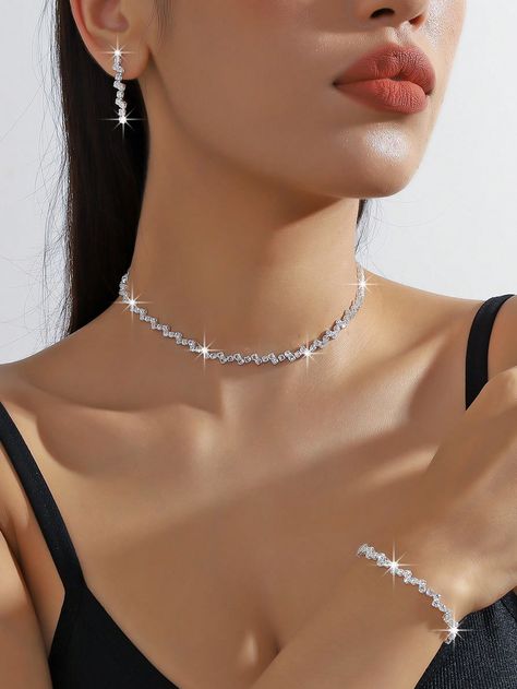 Silver  Collar     Embellished   Women's Fashion Jewelry Silver Prom Jewelry, Wedding Jewelery, Neck Pieces Jewelry, Fancy Jewelry Necklace, Silver Necklace Set, Casual Jewelry, Jewelry Post, Prom Jewelry, Silver Jewellery Sets