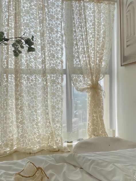 A romantic and lovely look sheer curtain that can be easily installed with a rod. The sunlight streaming through the embroidered flowers on these curtains creates a cozy atmosphere to entire room. Custom sizes are available.  * P L E A S E N O T E * ☁️ The size is measured when laid flat, It is recommended to choose a width 1.5 to 2 times wider than the window for a better and more pleated appearance. ☁️ Please pay attention to the size before purchase. We do not accept exchange or return for cu Vintage White Interior, Earthy Bohemian Decor, Diy Living Room Curtains, Sheer White Curtains Bedroom Aesthetic, Lace Window Curtains, Aesthetic Curtains Living Room, Romantic Home Interior, Urban Outfitters Room Aesthetic, Pretty Curtains Bedroom