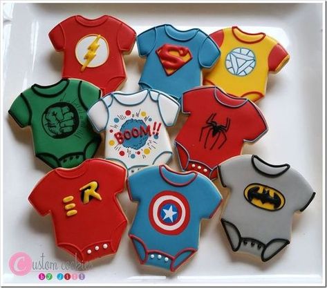 Marvel Baby Shower, Superhero Cookies, Onesie Cookies, Superhero Baby Shower, Baby Superhero, Boy Baby Shower Ideas, Super Hero Theme, Shower Cookies, Baby Cookies