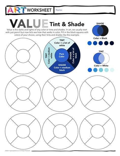 Tone Art Lesson, Color Practice Worksheet, Value Worksheets For Art, Abstract Art Worksheet, Elementary Art Worksheets Printables, Teaching Value In Art, Value Art Projects Elementary, Color In Drawings, Value Art Projects