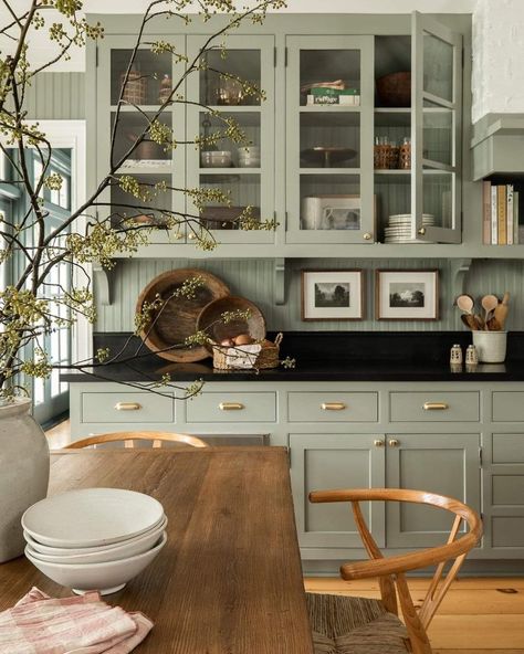 Kitchens With Light Green Cabinets, Warm Green Kitchen Cabinets, Light Green Cabinets Kitchen, Cream And Green Kitchen, Light Taupe Kitchen Cabinets, Light Green Kitchen Cabinets, Green And Gold Kitchen, Taupe Cabinets, Branch Arrangements