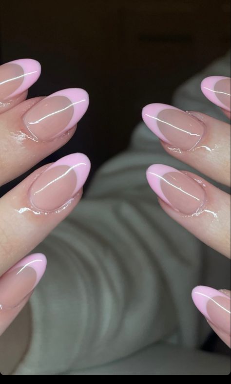 Acrylic Nail Designs Short Almond French Tip, Nail Inspo Acrylic Almond French Tip, Pink Nail Tips Almond, Short Almond Nail Ideas French Tip, Light Pink Nails Almond Shape French Tip, Metallic French Tip Almond Nails, Pink Birthday Nails Short Almond, Trendy Spring Nails 2023 Almond, Baby Pink Almond French Tip