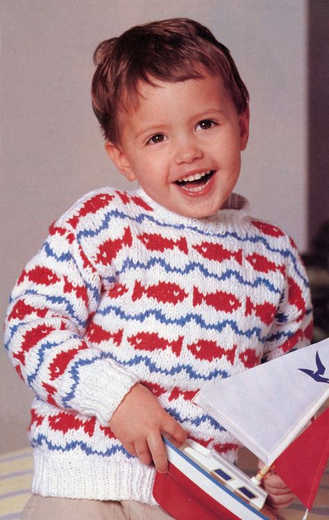 This sweater is knit Fair Isle Style features repeating red fishes with blue waves on a white background – perfect for your young first mate. Colours are carried loosely across wrong side of work following a chart.  Formatted for easy reading and available for instant download. Fish Knitting Pattern, Knit Fish, Fish Sweater, Knit Fair Isle, Wave Sweater, Kids Knitting Patterns, Sweater Knitting Pattern, 4 Ply Yarn, Kids Fishing