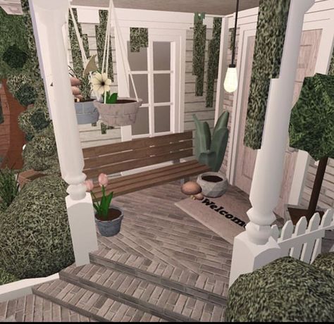 Porch Idea Bloxburg, Bloxburg Front Door Ideas Aesthetic, Blox Burg Garden Ideas, Bloxburg Porch Ideas Aesthetic, Bloxburg Bohemian House, Block Burg House Ideas, Bloxburg House Ideas Porch, Sage Green Bloxburg House, Entryway Bloxburg Ideas