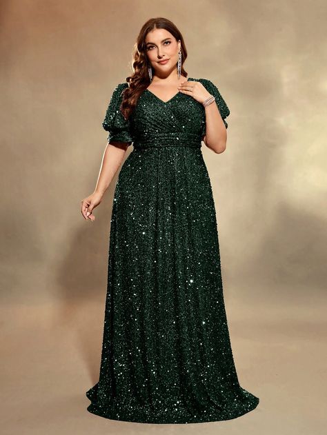 Plus Size Women's Lantern Sleeve Formal Dress With V-Neckline Dark Green Party  Half Sleeve Sequins Plain,All Over Print A Line Non-Stretch  Weddings & Events, size features are:Bust: ,Length: ,Sleeve Length: Senior Recital, Plus Size Wedding Guest Dress, Green Formal Dress, Sophisticated Cocktail Dress, Sleeve Formal Dress, Recital Dress, Uzun Boy, Plus Size Wedding Guest Dresses, Green Formal Dresses