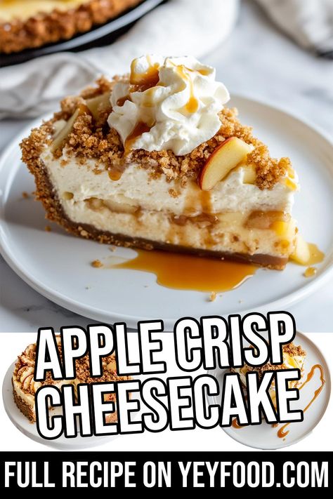 Apple Crisp Cheesecake - Yeyfood.com: Recipes, cooking tips, and kitchen hacks for home cooks of all levels Healthy Apple Cheesecake, Cheesecake Apple Crisp, Cheesecake Recipes Apple, Easy No Bake Cheesecake Recipes, Deserts Recipes Easy Quick, Apple Pie Cheesecake Recipe, Apple Cheesecake Pie, Fall Cheesecake Recipes, Fun Cheesecake Recipes