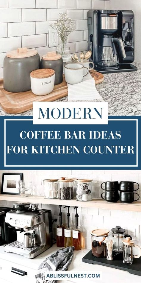 Coffee bar ideas for kitchen counter are a great way to add personality and functionality to your kitchen. Showcase your favorite mugs, coffee makers, and accessories in a visually appealing way. This dedicated space will not only streamline your coffee routine but also add a touch of charm to your kitchen. #coffeecorner #homecafe #kitchendecor Coffee Bar Ideas Luxury, Coffee Kitchen Counter, Coffee Pot On Counter Ideas, Coffee Bar Countertop Ideas, Coffee Counter Ideas, Counter Top Coffee Bar, Coffee Nook In Kitchen, Kitchen Counter Coffee Station, Bar Ideas For Kitchen