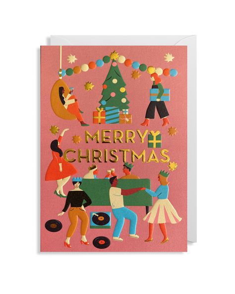 In a textured finish with golden details, this bright Christmas card will add a pop of colour to their mantelpiece. Christmas Party Illustration, Christmas Greetings Images, Naomi Wilkinson, Lagom Design, Party Illustration, Charity Christmas Cards, Unique Christmas Cards, Merry Christmas Card Greetings, Card Printing