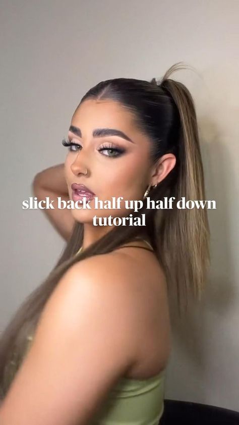 Hairstyles For Medium Length Hair Slick, Oily Hair Styles Hairstyles, Slicked High Ponytail, Cute Going Out Hair, Long Hair Slick Back Women, Hair For The Club, Hair For Going Out Night, Half Hair Ponytail, Half Up Half Down Hair Spiky Bun