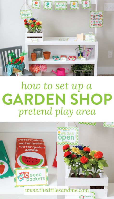 Pretend Garden Dramatic Play, Pretend Play Area Ideas, Play Place Birthday Party, Classroom Pretend Play Area, Pretend Play Stations, Montessori Pretend Play, Farm Stand Dramatic Play, Pretend Play Playroom Ideas, Pretend Flower Shop