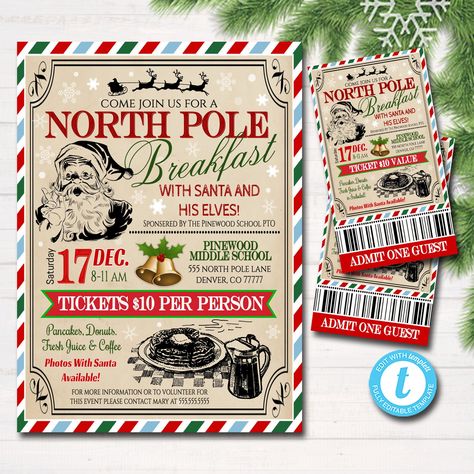 Join us for... A NORTH POLE BREAKFAST WITH SANTA (and his elves!) Includes the invite, flyer and matching tickets * ALL text is editable - make it read whatever you wish! NEED THE SUPPER WITH SANTA VERSION? FIND IT HERE: FULL EDITING OPTIONS WITH TEMPLETT! TRY THE DEMOS NOW - Just copy and paste these url links: https://templett.com/design/demo/TidyLady19/895016 https://templett.com/design/demo/TidyLady19/895045 VIEW COORDINATING ITEMS: Letter From Santa & Naughty/Nice Certificates Kit: https:// Pto Flyers, Breakfast Invitation, Breakfast With Santa, North Pole Breakfast, Pancakes And Pajamas, Santa Template, Santa Letter Template, Christmas Party Themes, Kids Christmas Party