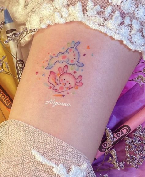 Axalotal Tattoo, Small Axolotl Tattoo, Kawaii Pokemon Tattoo, Axolotl Tattoo Ideas, Funny Tattoo Designs, Kawaii Tattoo Ideas, Axolotl Tattoo, Funny Tattoo, Funky Tattoos