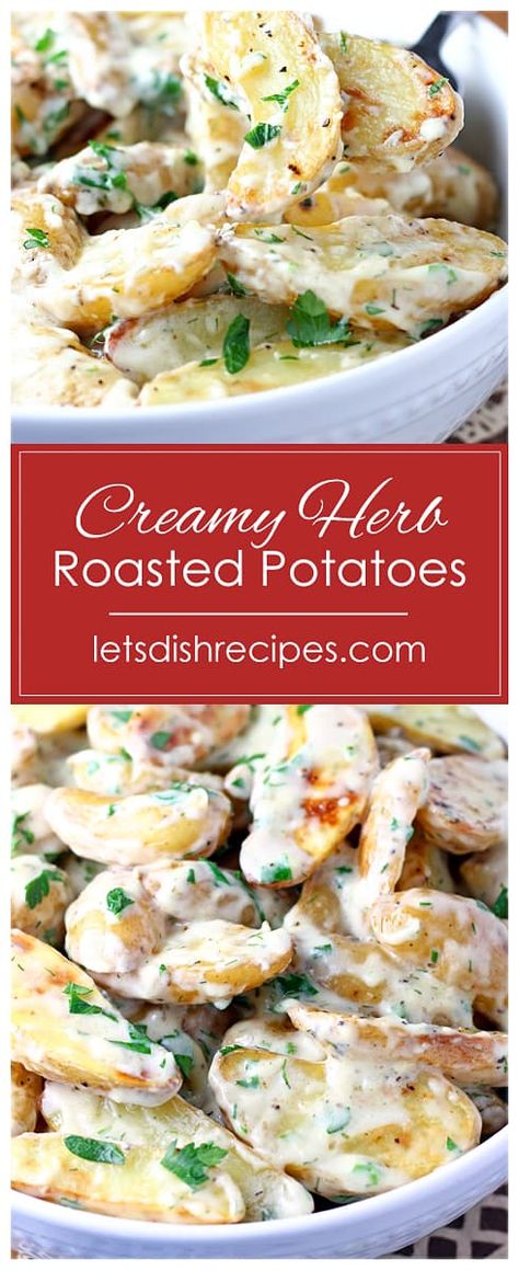 Creamy Herb Roasted Fingerling Potatoes Recipe -- Roasted fingerling potatoes are tossed with a creamy garlic and herb sauce in this unique side dish. #potatoes Herbed Fingerling Potatoes, Creamy Mini Potatoes, Recipes For Fingerling Potatoes, Best Fingerling Potatoes Recipe, Boiled Fingerling Potatoes, Creamy Small Potatoes Recipe, Petite Fingerling Potato Recipes, Fingerling Potato Recipes, Fingerling Potatoes Roasted