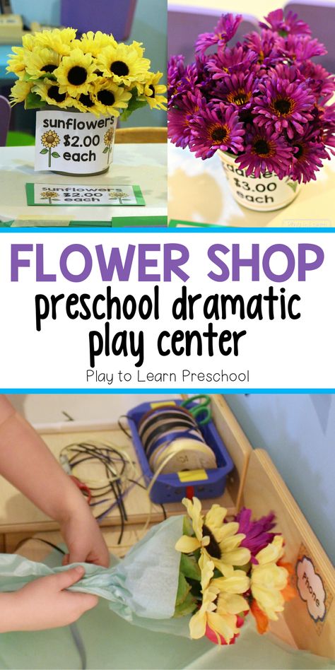 This flower shop dramatic play center is a perfect spring activity for preschool or pre-k. Turn your basic dramatic play area into something wonderful. Rotating dramatic play centers and pretend play centers keeps the children’s interests while also providing literacy and math opportunities. Bring some sunshine into your classroom and integrate essential math and literacy skills, all while learning through play! #dramaticplay #preschool #preschoolcenters Plants Dramatic Play, Interest Areas For Preschool, Shopping Dramatic Play, Flower Shop Activities Preschool, Gardening Dramatic Play Preschool, Flower Shop Dramatic Play Kindergarten, Flower Dramatic Play Preschool, Garden Shop Dramatic Play Preschool, Flower Dramatic Play