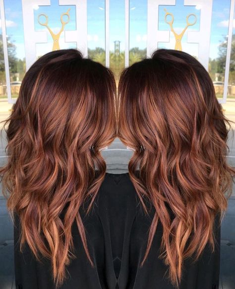 Balayage Brown And Red, Red Carmel Highlights On Brown Hair, Cowboy Copper Hair Color Brunette, Fall Cowboy Copper Hair, Dark Auburn Hair Color With Highlights Caramel Red, Pumpkin Pie Hair, Copper Red Balayage Hair Brunettes, Fall Balayage Brunette Red, Red Brown Hair Balayage