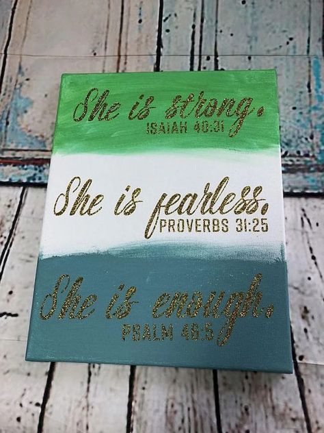 Canvas Painting Quotes, She Is Strong, Canvas Art Quotes, Glitter Heat Transfer Vinyl, Scripture Canvas, Cute Canvas Paintings, Painting Quotes, Easy Canvas Painting, Green Shades