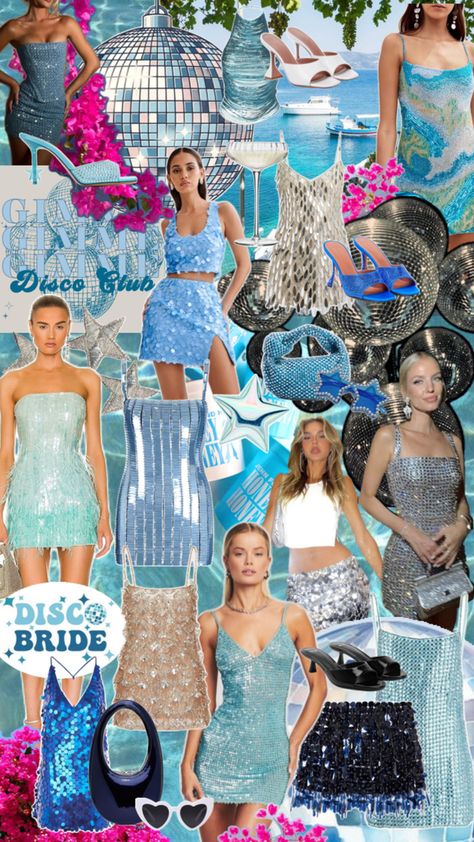 miami bachelorette party | mama mia theme | miami outfits & aesthetic. sequin dress, glitter dress, sparkly dress, blue dress, mini dress, going out outfits, outfit, inspiration, Miami, Mamma Mia theme, ocean, Greece, sequin heels, blue bags, shades of blue, disco, dancing Queen. Mama Mia Theme, 80s Disco Party Outfit, Bachelorette Party Outfit Themes, Bachelorette Outfit Themes, Donna And The Dynamos, Disco Party Outfit, The Dynamos, Abba Outfits, Miami Bachelorette