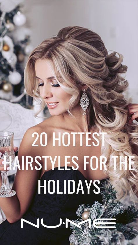 Glam up your holiday hair with these 20 NuMe hairstyles! 😍 Long Hair Gala Style, Hair Ideas For Events, Hairstyles For Elegant Party, Curled Hair Side Pinned Back, Formal Hairstyles 2023, Black Tie Gala Hairstyles, Formal Christmas Party Hairstyles, Gala Event Hairstyles, Christmas Party Updo Long Hair