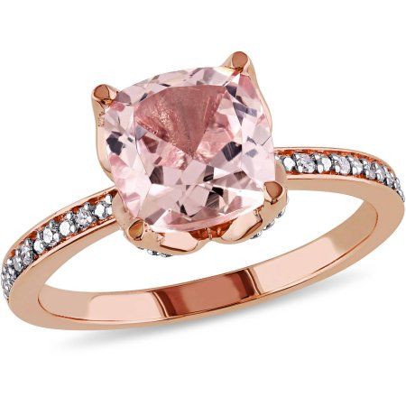 A beautiful addition to your collection of fine jewelry, this Tangelo Morganite and Diamond Cocktail Ring sparkles in lustrous rose gold. Featuring a bright cushion-cut (8mm) morganite gemstone in the center and 12 round-cut, pave-set diamond accents (G-H, I2-I3) along the sides. This ring is enhanced with a high polish finish. Size: 5.5. Color: Metal Type. Gender: female. Age Group: adult. Accent Engagement Ring, Pink Gold Rings, Rings Pink, Rings Rose Gold, Cut Engagement Rings, Pink Engagement Ring, Rings Accessories, Accessories Pink, Rose Gold Morganite