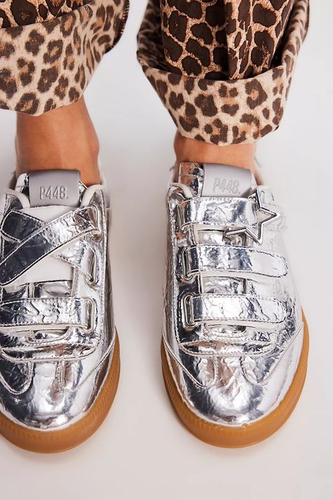 P448 Monza Velcro Sneakers | Free People Silver Sneakers Outfit, Metallic Shoes Outfit, Space Warrior, Velcro Sneakers, Fab Shoes, Silver Sneakers, Fall Fits, Sneakers Outfit, Girls Sneakers