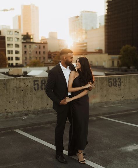 Black Aesthetic Engagement Photos, Classy Couple Photoshoot Romantic, Engagement Photos Black Outfits, Engagement Photos Classy Elegant, Outfits For Couple Photoshoot, Poses For Couples Instagram, Dramatic Engagement Photos, Court Elopement, Black Dress Engagement Photos