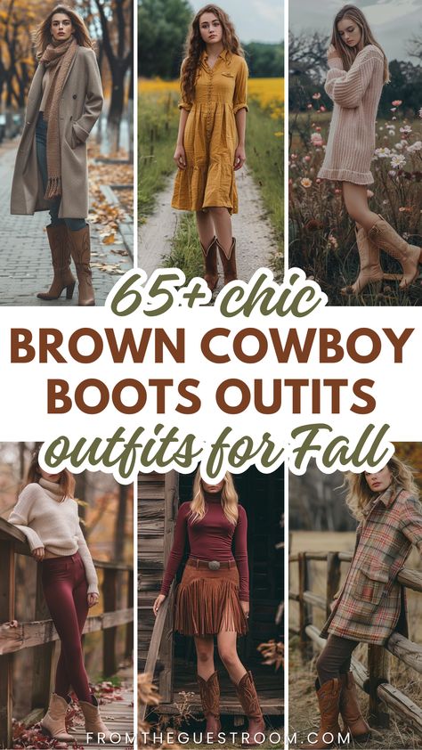 women wear brown cowboy boots outfits for fall, western outfits Brown Cowboy Boots Outfit Plus Size, Ladies Cowboy Boots Outfits, Fall Western Boot Outfit, Outfits For Brown Boots, Dresses With Short Cowboy Boots, Cowgirl Boots Outfit Work, Brown Ankle Cowboy Boots Outfit, Brown Suede Boots Outfit Fall, Tan Suede Cowboy Boots Outfit