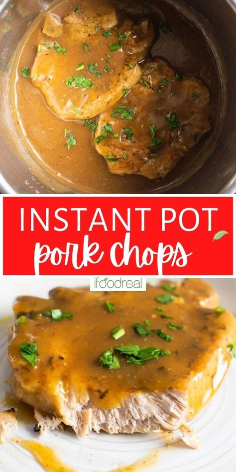 These tender and juicy Instant Pot Pork Chops are so flavourful and made with a perfectly seasoned outer crust smothered in a luscious homemade gravy. Serve with a side of potatoes and veggies and this restaurant-quality meal is ready in under an hour! Pork Chops Easy, Potatoes And Veggies, Instant Pot Pork Chops, Pork Chop Recipes Crockpot, Easy Pressure Cooker Recipes, Pork Chops And Gravy, Garlic Honey, Easy Pork Chops, Easy Pork Chop Recipes