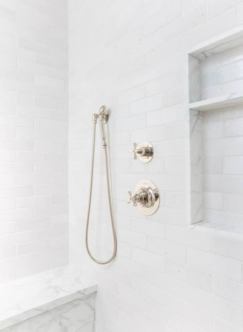 Marble slab sides in niche with tile back White Square Shower Tile, Amber Interiors Design, Small Shower Remodel, Marble Showers, Master Shower, Master Bath Remodel, Shower Niche, Amber Interiors, Upstairs Bathrooms