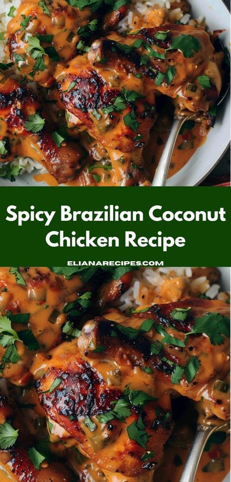 Searching for chicken dinner ideas? This Spicy Brazilian Coconut Chicken Recipe is a fantastic option! It’s one of the best dinner ideas easy to make, perfect for family meals or a romantic dinner for two. Dinner Recipes Homestyle, Fancy Mexican Dinner Recipes, Spicy Brazilian Coconut Chicken, Easy Low Salt Dinner Recipes, Coconut Flour Fried Chicken, Island Dinner Recipes, Rustic Chicken Recipes, Spicy Mediterranean Chicken, Easy Fall Dinner Ideas Chicken