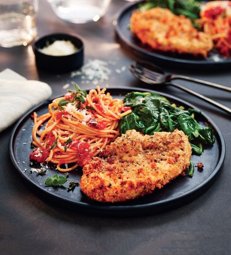 Turkey escalopes with spaghetti pomodoro & wilted spinach | Pocketmags.com Turkey Escalope Recipes, Recipes With Spinach, Turkey Steaks, Spaghetti Pomodoro, Wilted Spinach, Low Calorie Cooking, Fresh Oregano, Spinach Recipes, Turkey Breast