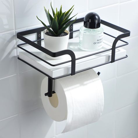 PRICES MAY VARY. ✅ Minimalist-style Bathroom Toilet Paper Holder with White Wooden Board and Black Metal Bars - Crafted with authentic white wood and complemented by black metal bars and frame, this piece showcases a unique minimalist design. Setting itself apart from ordinary tissue holders, our toilet paper holder with shelf features additional storage space on top, perfect for storing sanitary pads, wet wipes, cell phones, small potted plants, hand sanitizer, and more. ✅ Large-Sized Platform: Farmhouse Toilet Paper Holder, Rustic Toilet Paper Holders, Toilet Paper Holder With Shelf, Shelf Toilet, Half Bathroom Decor, Black Toilet Paper Holder, Rustic Toilets, Toilet Room Decor, Toilet Paper Holder Wall