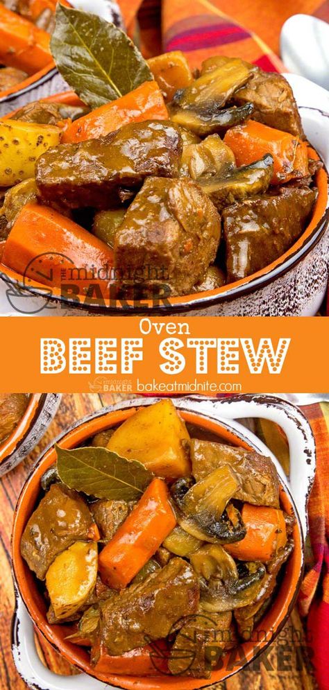 Slow oven roasting is the key to the great flavor of this beef stew. #comfortfood #beeffoodrecipes #recipes #stew Oven Baked Stew Meat, Beef Stew In The Oven How To Make, Slow Cooked Beef Stew In Oven, Beef Stew Baked In Oven, Beef Stew Meat Recipes Oven, Beef Stew In Oven Recipes, Oven Beef Stew Recipe, Oven Stew Beef Recipes, Beef Stew Oven Recipes