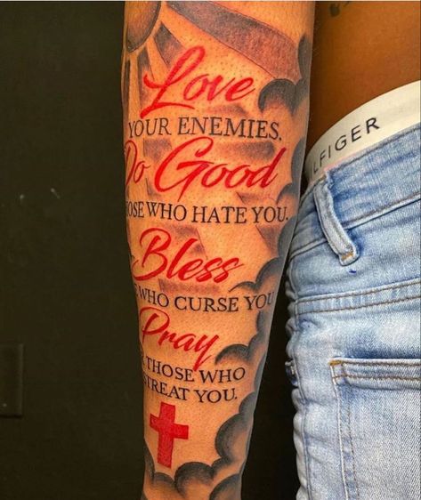 Red Bicep Tattoo, Forearm Tattoo For Lost Loved One, Forearm Tattoo Quotes For Women, Mens Half Sleeve Tattoo Forearm, Tattoo Ideas For Men Forearm Half Sleeves, Love Tattoos For Men, Mens Tattoos Ideas Forearm, Quote Tattoos For Men, Forearm Tattoo Girl