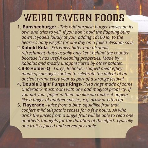 Fantasy Tavern, Fantasy Food, Dnd Stories, Things To Do In Chicago, Dnd Items, Dungeon Master's Guide, Campaign Planning, Dnd Funny, Team Building Exercises