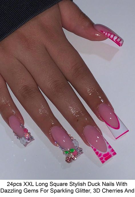 Free Returns ✓ Free Shipping✓. 24pcs XXL Long Square Stylish Duck Nails With Dazzling Gems For Sparkling Glitter, 3D Cherries And Petite Blossoms – A Unique And Fashionable Gift For Women And Girls- Press On Nails at SHEIN. Duck Nail, Y2k Nail, Duck Nails, Colored Acrylic Nails, Girly Acrylic Nails, Short Square Acrylic Nails, Long Acrylic Nails Coffin, French Nail, Acrylic Nails Coffin Pink