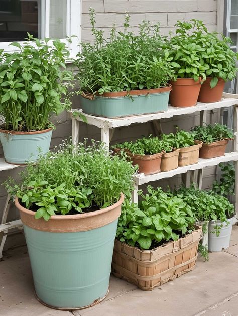 Discover creative container herb garden ideas to add charm and interest to your garden. Includes unique pots and growing tips. Aesthetic Small Garden, Terracotta Pot Herb Garden, Kitchen Garden Ideas Small, Small Cosy Garden, Herb Garden Planter Ideas, Herb Pot Ideas, Herb Pots Outdoor, Renter Friendly Garden, Herbs In Pots Outdoors