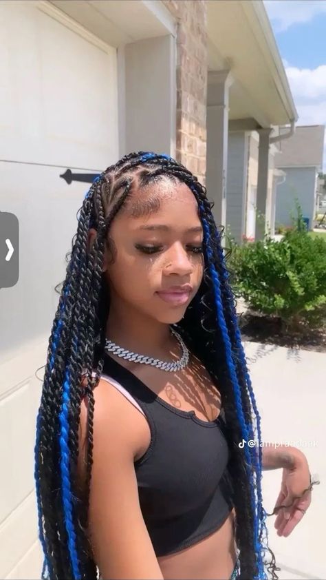 ˚୨୧⋆ @bella2angel Braided Hairstyles With Blue Hair, Goddess Braids Blue And Black, Blue And Black Hair Braids, Black And Blue Goddess Braids, Cute Prom Hairstyles For Long Hair, Blue Braids Black Women, Braids Birthday Hairstyles, Braids Blue And Black, Blue Braids Hairstyles