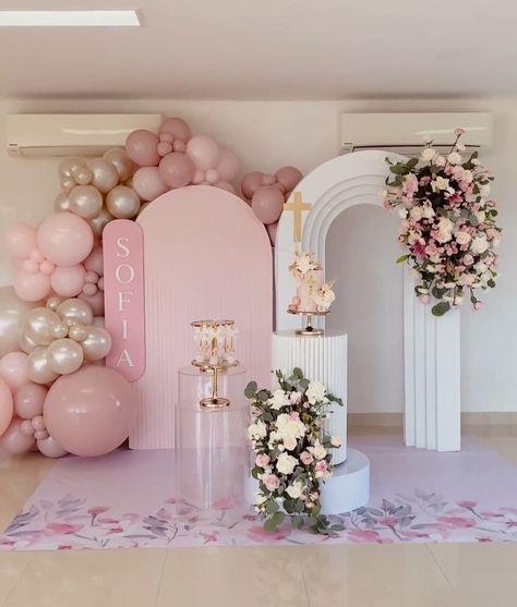 First Communion Decorations Backdrop, Bautismo Ideas Decoration, Christening Decorations Girl, Girl Baptism Party, Moon Baby Shower Theme, Baby Shower Gender Reveal Cake, Birthday Party Decoration Ideas, Baptism Decorations Girl, Panel Backdrop