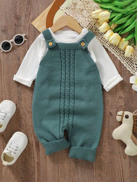 Baby Boy Cable Knitted Sweater Jumpsuit Crawling Clothes Green   Long Sleeve Knitwear Colorblock,Plain Jumpsuit High Stretch  Baby Boys Clothing, size features are:Bust: ,Length: ,Sleeve Length: Plain Jumpsuits, Baby Boy Sweater, Baby Overall, Pull Bebe, Baby Jacke, Knitted Baby Clothes, Sweater Jumpsuit, Boys Sweaters, Baby Sweaters