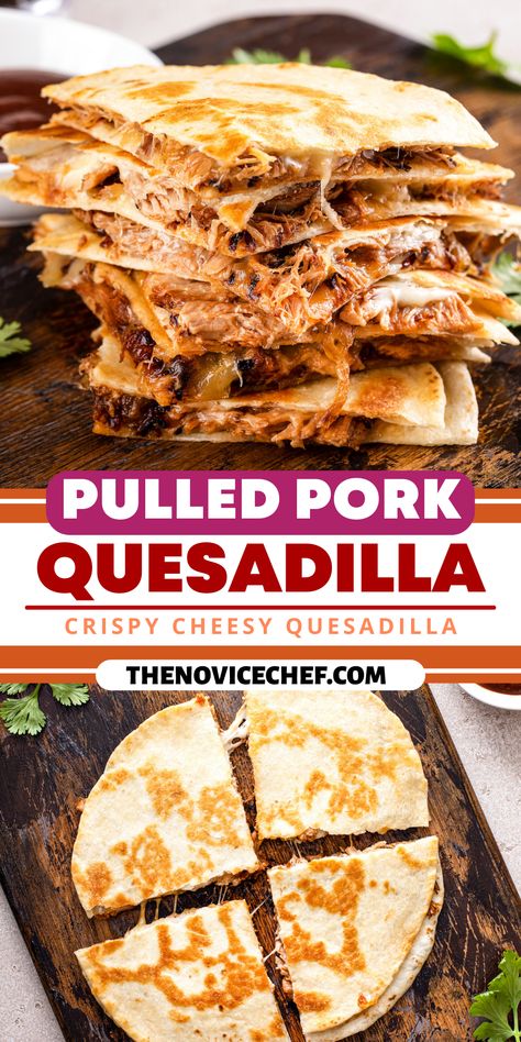 Full of melty cheese and caramelized onions, this pulled pork quesadilla is a great way to use up leftover pork and make it into a whole new dinner. Don't let its looks deceive you, though. They're super easy! What To Do With Left Over Bbq Pulled Pork, Pulled Pork Cheese Fries, Leftover Grilled Pork Chop Recipes, What To Make With Pulled Pork, Pulled Pork Leftover Ideas, Leftover Shredded Pork Recipes, Pulled Pork Mexican, Recipe Using Pulled Pork, Mexican Pulled Chicken