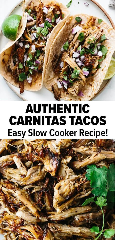 These authentic and easy carnitas tacos are the answer to your next taco Tuesday. They’re filled with meltingly tender pork that’s finished with perfect, crisp edges. Make these right in your crockpot and voila! #carnitastacos #authenticcarnitastacos #tacorecipe #cincodemayo Healthy Pork Tacos, Taco Tuesday Crockpot Recipes, Authentic Taco Recipes, Pork Tacos Recipes, Pork For Tacos, Authentic Carnitas, Crock Pot Carnitas, Best Carnitas, Easy Carnitas