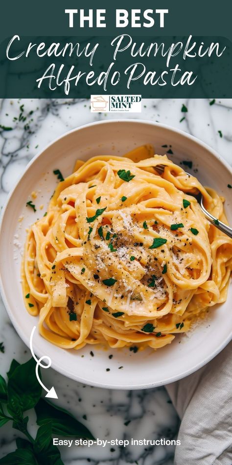 Discover this creamy Pumpkin Alfredo Pasta! Easy to make with a rich pumpkin sauce, it's the perfect fall dinner ready in 30 minutes. Pumpkin Alfredo Pasta, Easy Pumpkin Pasta, Pumpkin Pasta Recipe, Autumn Pasta Recipes, Pumpkin Alfredo, Pumpkin Recipes Dinner, Pumpkin Pasta Sauce, Fall Pasta, Pasta Creamy