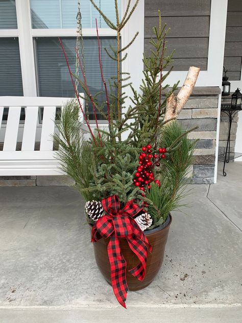 Making Christmas Porch Pots, Holiday Containers Front Porches, Fresh Greenery Christmas Decor Outside, Greenery Pots Front Porches, Diy Holiday Porch Pots, Holiday Porch Pots Diy, Christmas Porch Pots Planters Diy, Outdoor Christmas Greenery Pots, Holiday Pots Outdoor