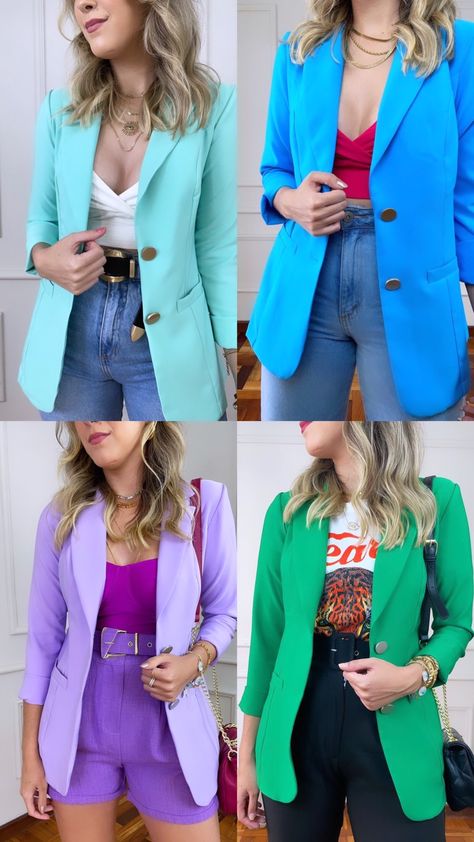 Bright Color Office Outfit, Bold Colour Outfit, Colorful Blazer Outfits, Colorful Blazer, Bright Blazer, Cute Office Outfits, Fashion Outfits Dresses, Colour Blocking Fashion, Color Combos Outfit